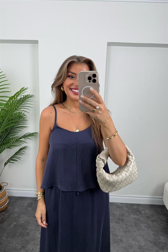 Premium Seri Tensel Kumaş Etek Bluz Takım Lacivert