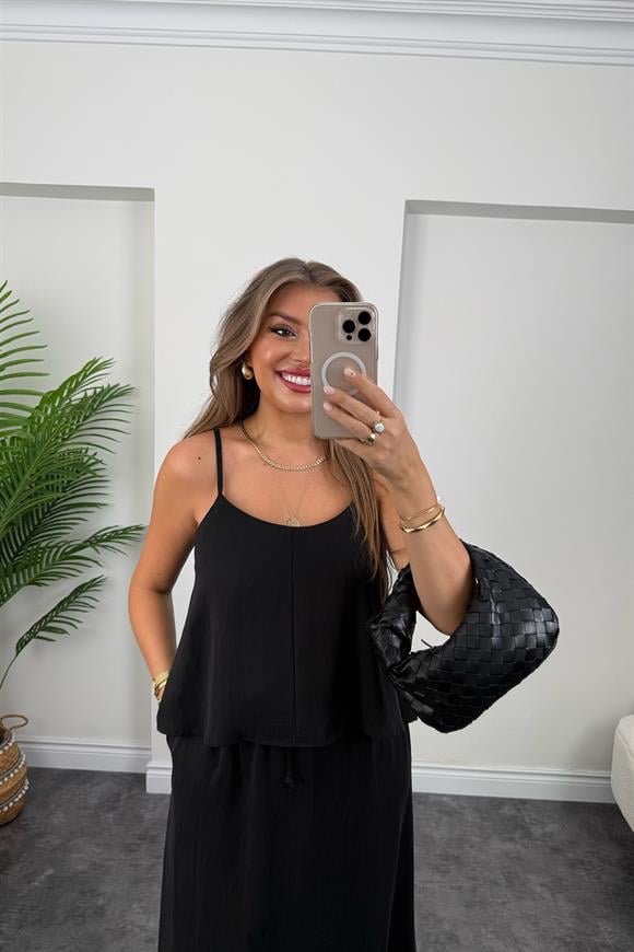 Premium Seri Tensel Kumaş Etek Bluz Takım Siyah