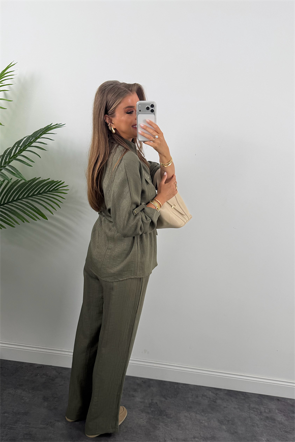 Premium Seri Tensel Kumaş Işıltılı Ceket Palazzo Takım Haki