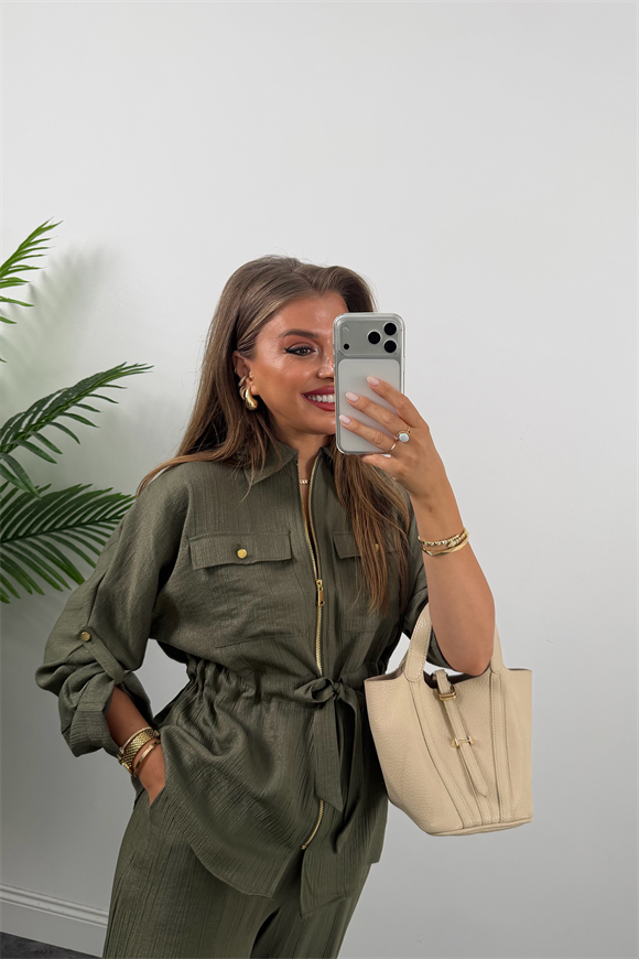 Premium Seri Tensel Kumaş Işıltılı Ceket Palazzo Takım Haki