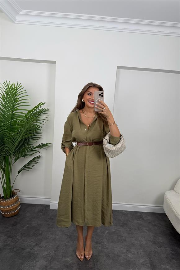Premium Seri Tensel Kumaş Kemerli Salaş Gömlek Elbise Haki