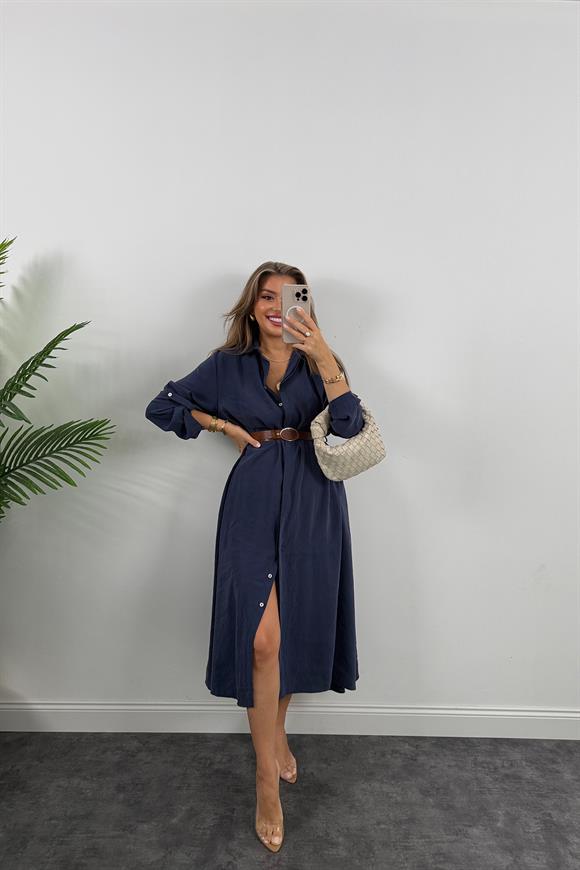 Premium Seri Tensel Kumaş Kemerli Salaş Gömlek Elbise Lacivert