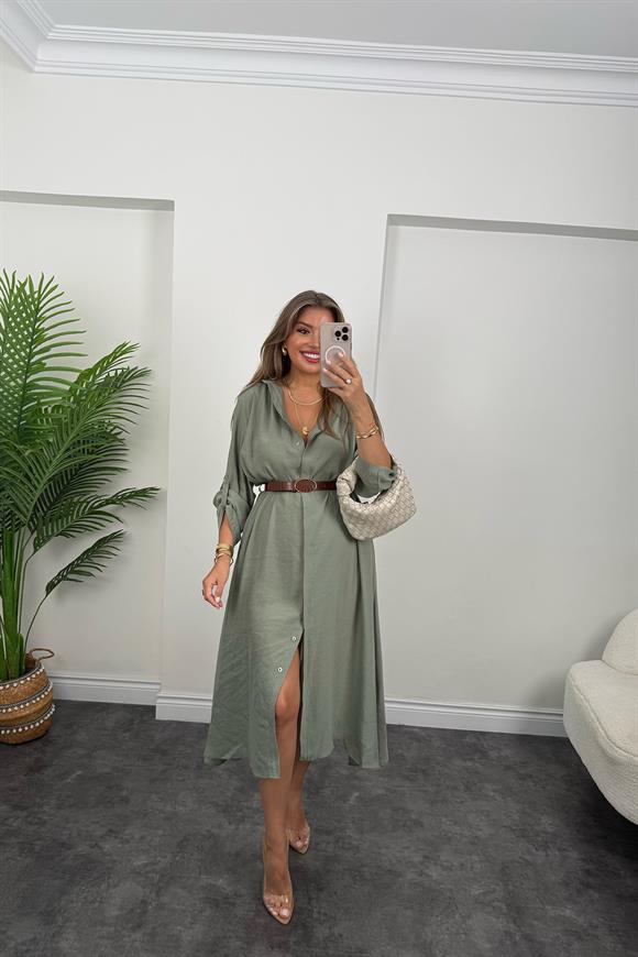 Premium Seri Tensel Kumaş Kemerli Salaş Gömlek Elbise Çağla Yeşili