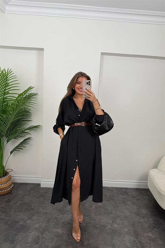 Premium Seri Tensel Kumaş Kemerli Salaş Gömlek Elbise Siyah