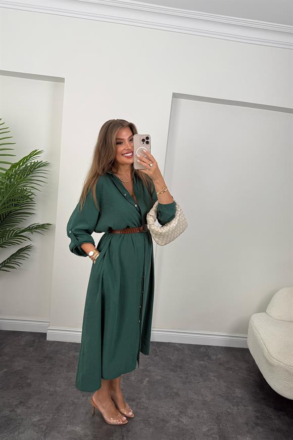 Premium Seri Tensel Kumaş Kemerli Salaş Gömlek Elbise Zümrüt