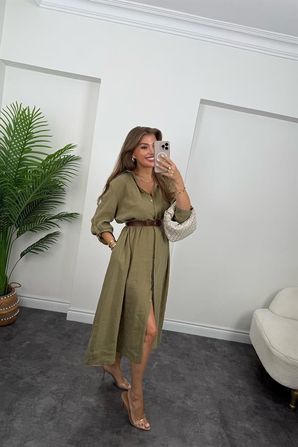 Premium Seri Tensel Kumaş Kemerli Salaş Gömlek Elbise Haki