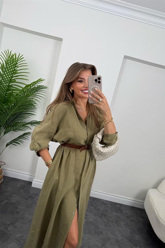 Premium Seri Tensel Kumaş Kemerli Salaş Gömlek Elbise Haki