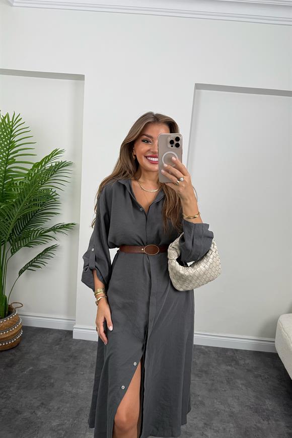 Premium Seri Tensel Kumaş Kemerli Salaş Gömlek Elbise Antrasit