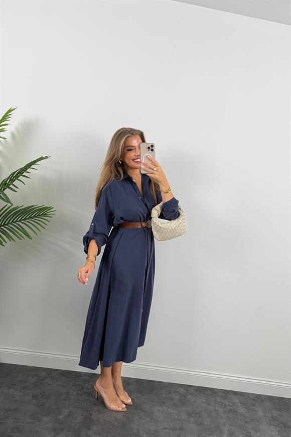 Premium Seri Tensel Kumaş Kemerli Salaş Gömlek Elbise Lacivert