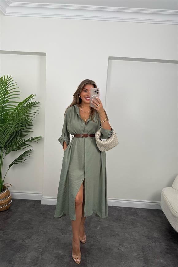 Premium Seri Tensel Kumaş Kemerli Salaş Gömlek Elbise Çağla Yeşili