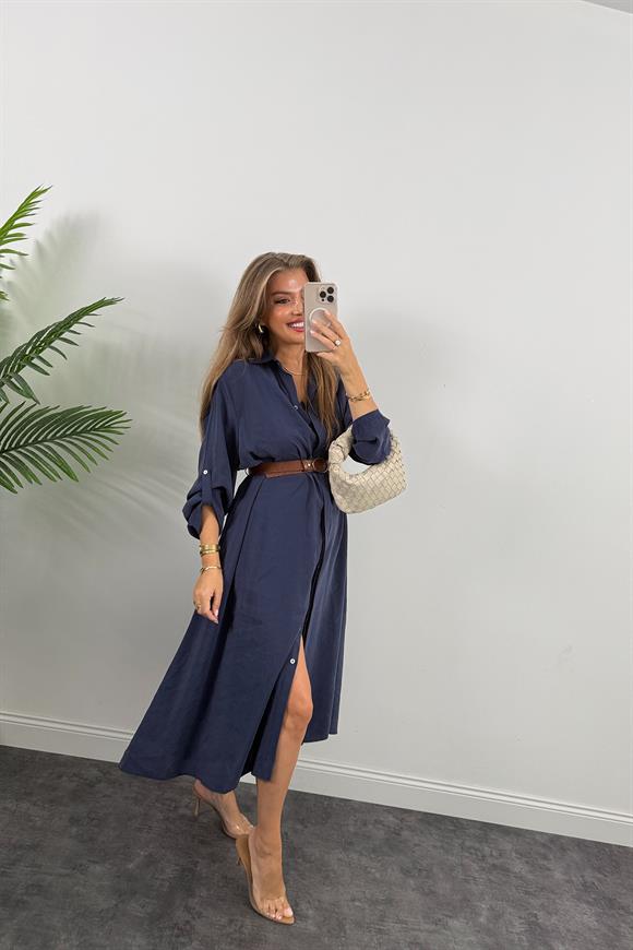 Premium Seri Tensel Kumaş Kemerli Salaş Gömlek Elbise Lacivert
