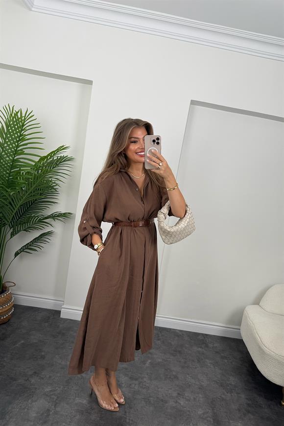 Premium Seri Tensel Kumaş Kemerli Salaş Gömlek Elbise Acı Kahve