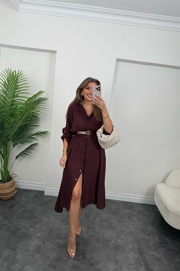 Premium Seri Tensel Kumaş Kemerli Salaş Gömlek Elbise Mürdüm