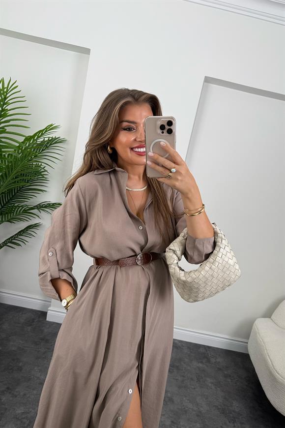Premium Seri Tensel Kumaş Kemerli Salaş Gömlek Elbise Vizon