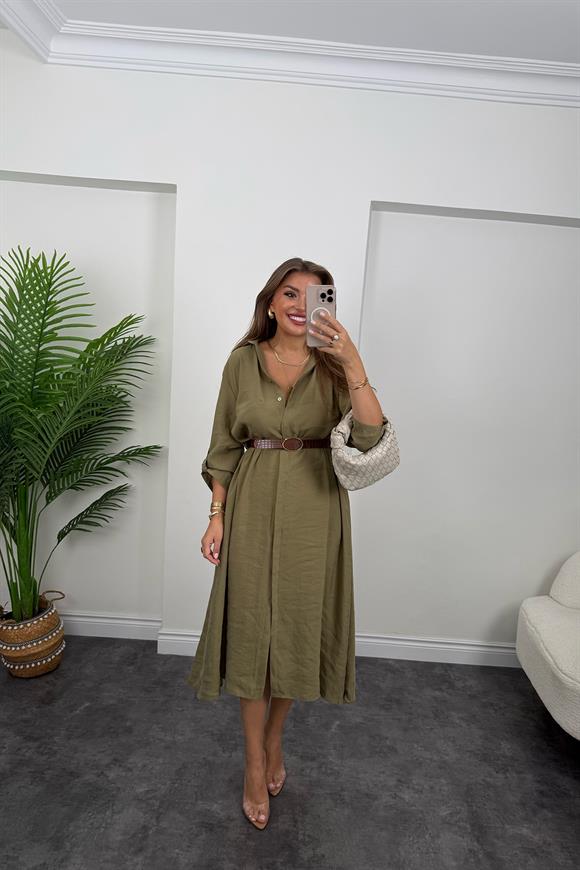 Premium Seri Tensel Kumaş Kemerli Salaş Gömlek Elbise Haki