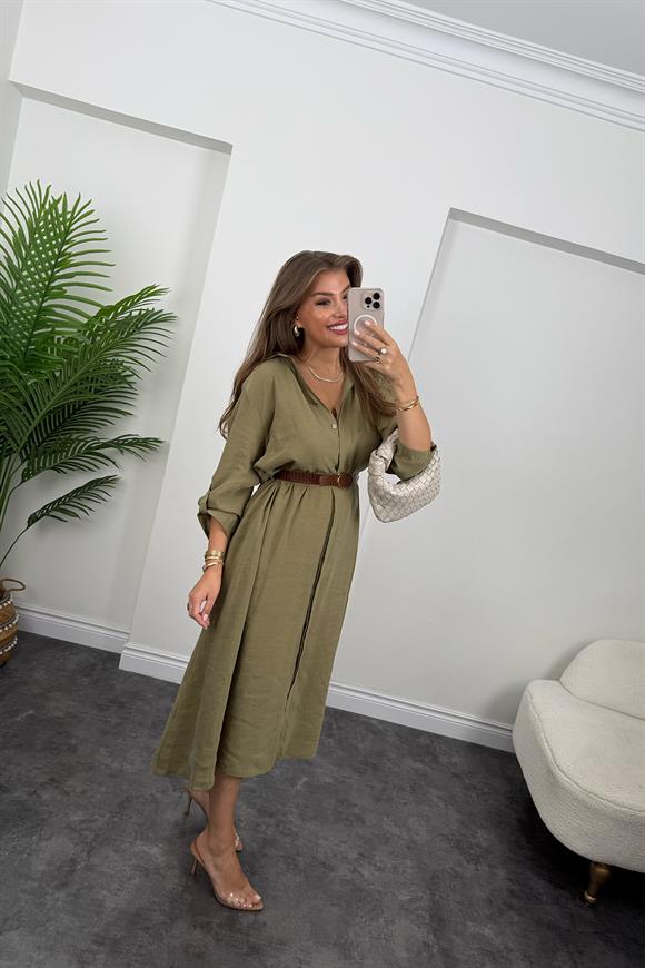 Premium Seri Tensel Kumaş Kemerli Salaş Gömlek Elbise Haki
