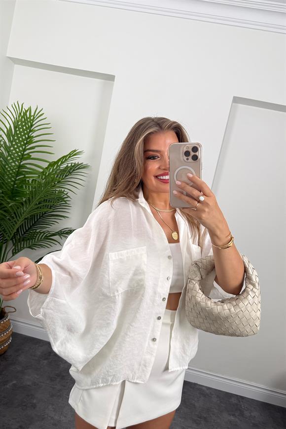 Premium Seri Tensel Kumaş Panço Gömlek Beyaz