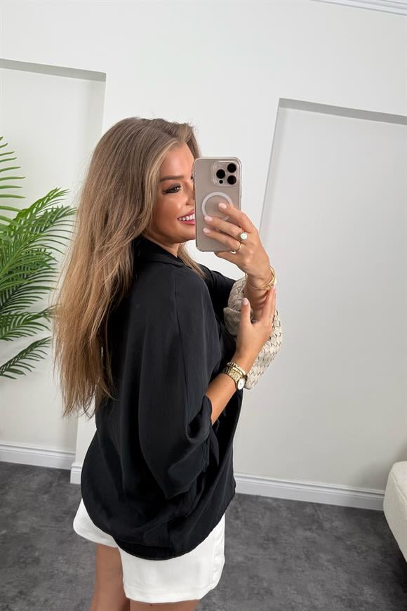 Premium Seri Tensel Kumaş Panço Gömlek Siyah