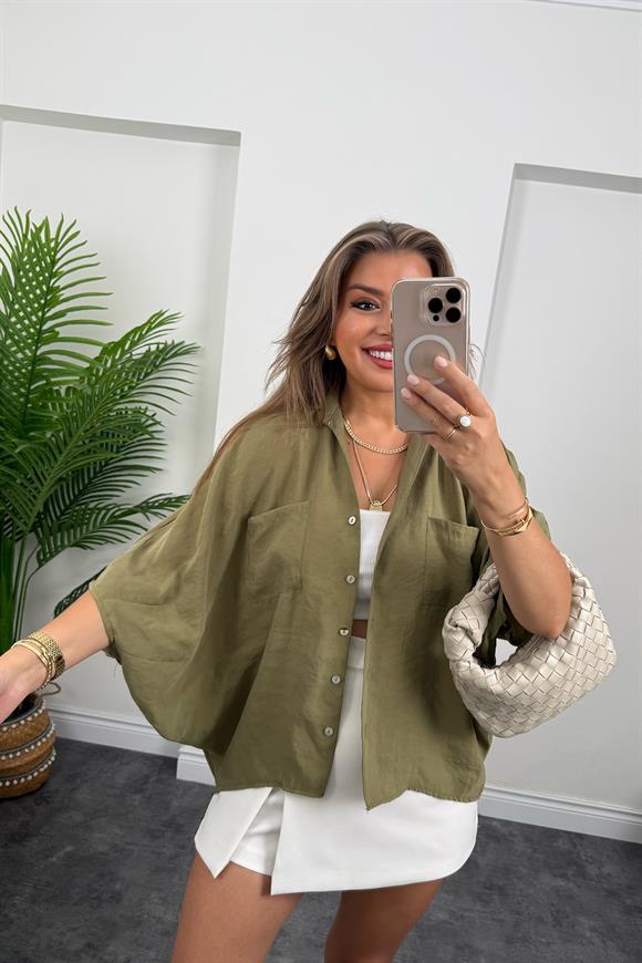 Premium Seri Tensel Kumaş Panço Gömlek Haki