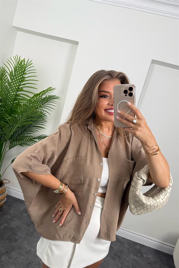 Premium Seri Tensel Kumaş Panço Gömlek Vizon