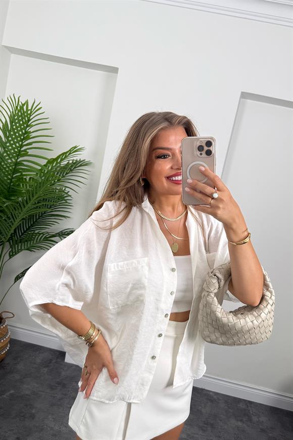 Premium Seri Tensel Kumaş Panço Gömlek Beyaz