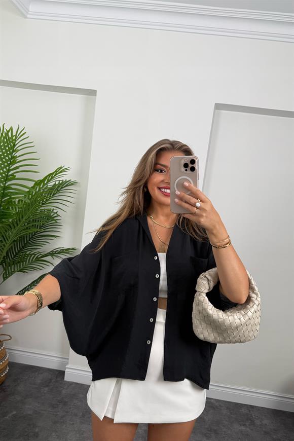 Premium Seri Tensel Kumaş Panço Gömlek Siyah