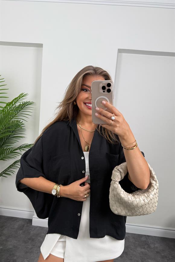 Premium Seri Tensel Kumaş Panço Gömlek Siyah