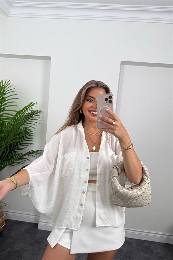 Premium Seri Tensel Kumaş Panço Gömlek Beyaz