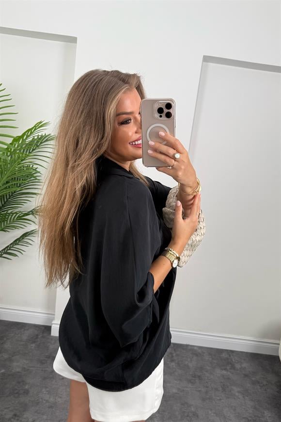 Premium Seri Tensel Kumaş Panço Gömlek Siyah