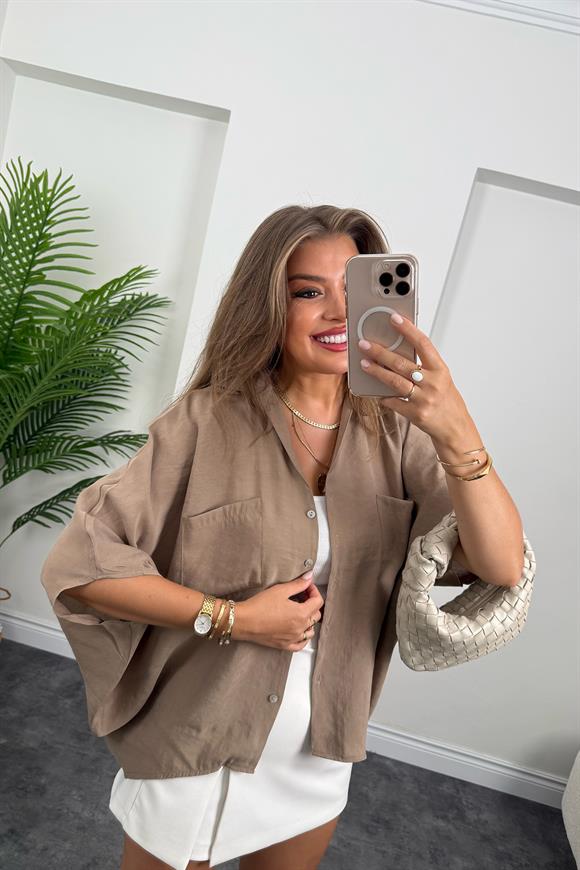 Premium Seri Tensel Kumaş Panço Gömlek Vizon