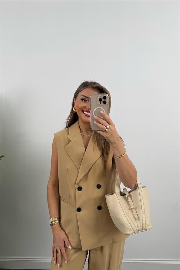 Premium Seri Tensel Kumaş Yelek Palazzo Takım Camel
