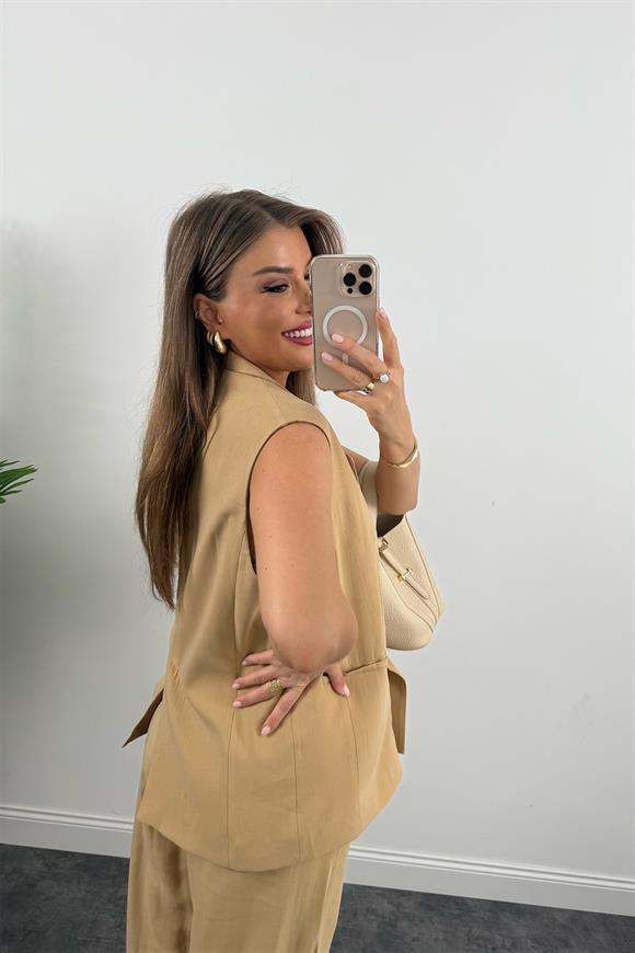 Premium Seri Tensel Kumaş Yelek Palazzo Takım Camel