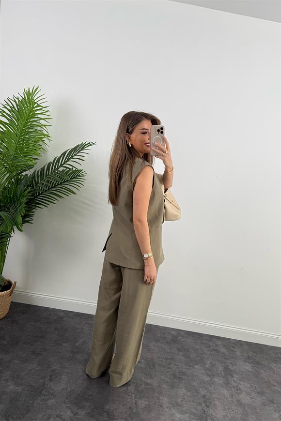 Premium Seri Tensel Kumaş Yelek Palazzo Takım Haki