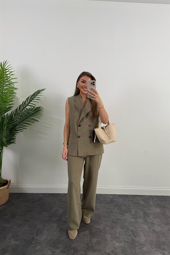 Premium Seri Tensel Kumaş Yelek Palazzo Takım Haki