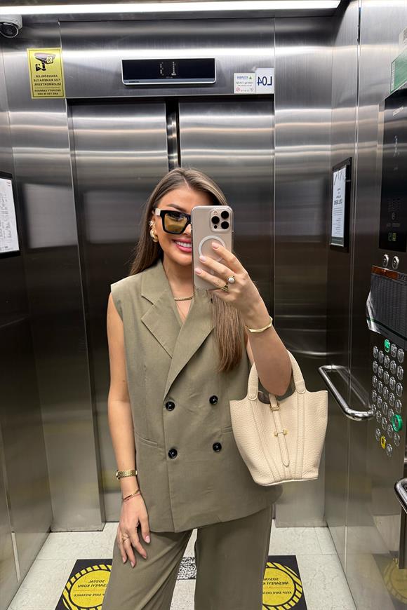 Premium Seri Tensel Kumaş Yelek Palazzo Takım Haki