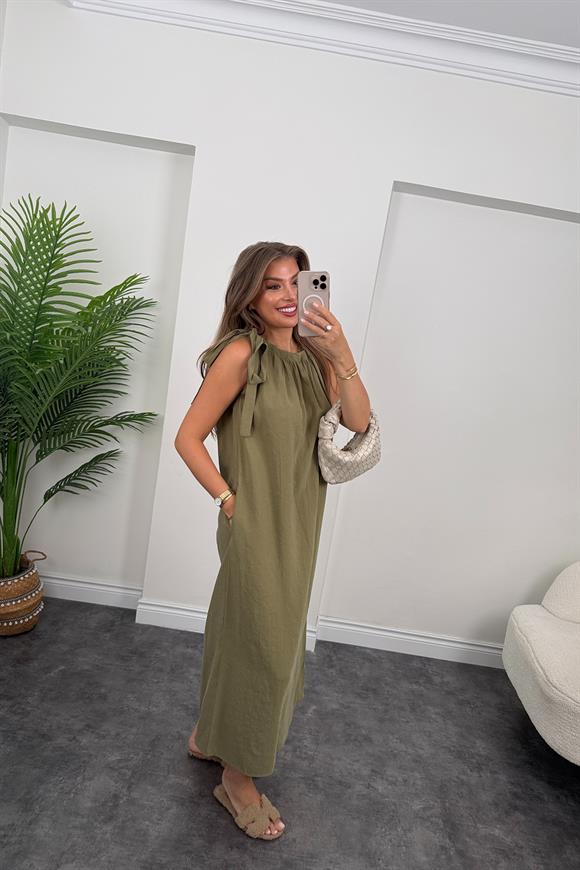 Premium Seri Tensel Moda Kumaş Omuzu Bağlamalı Maxi Elbise Haki