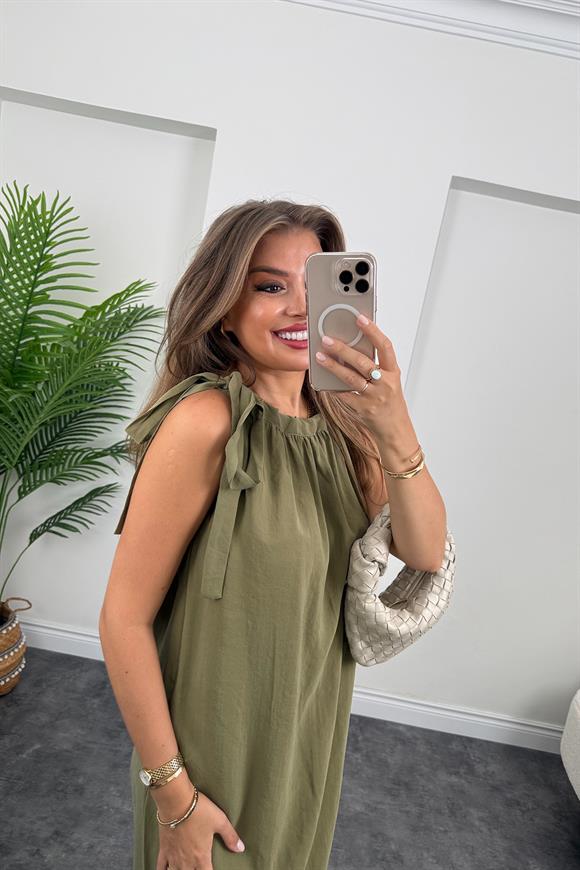 Premium Seri Tensel Moda Kumaş Omuzu Bağlamalı Maxi Elbise Haki