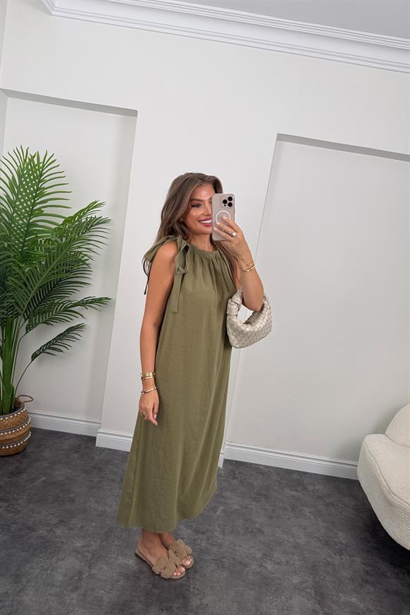 Premium Seri Tensel Moda Kumaş Omuzu Bağlamalı Maxi Elbise Haki
