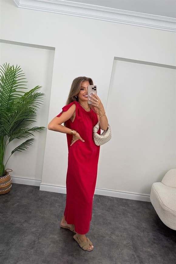 Premium Seri Tensel Moda Kumaş Omuzu Bağlamalı Maxi Elbise Kırmızı