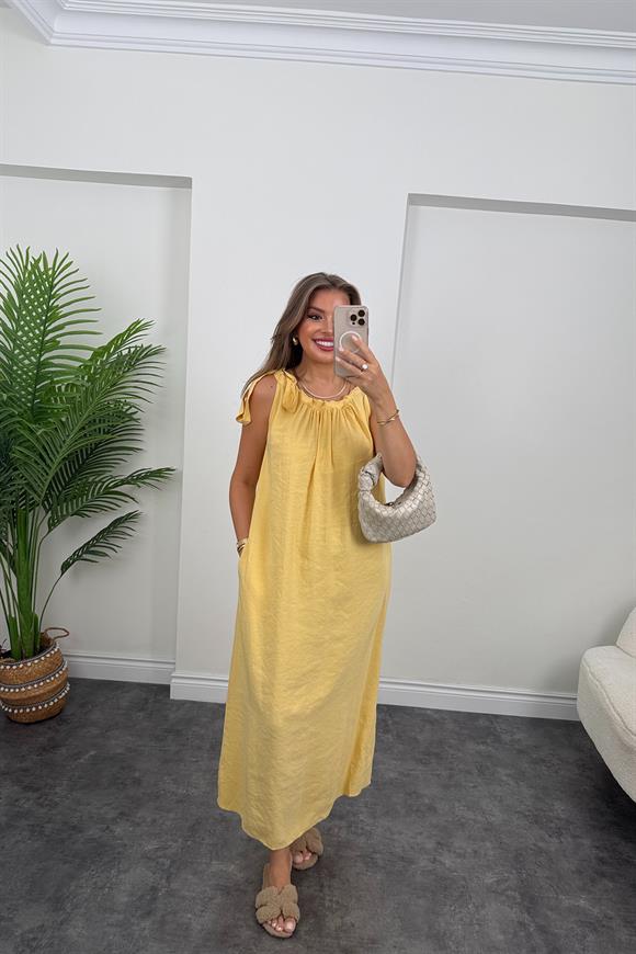 Premium Seri Tensel Moda Kumaş Omuzu Bağlamalı Maxi Elbise Sarı