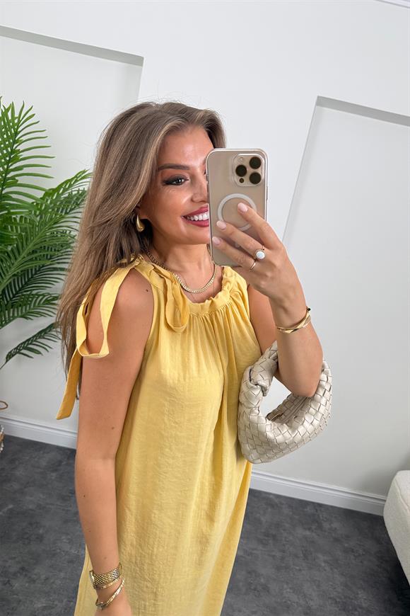 Premium Seri Tensel Moda Kumaş Omuzu Bağlamalı Maxi Elbise Sarı