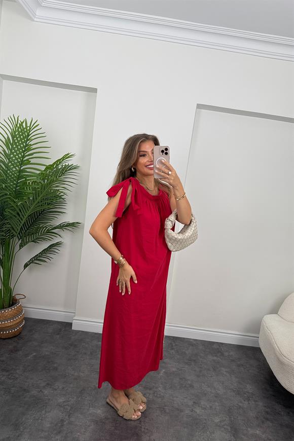 Premium Seri Tensel Moda Kumaş Omuzu Bağlamalı Maxi Elbise Kırmızı