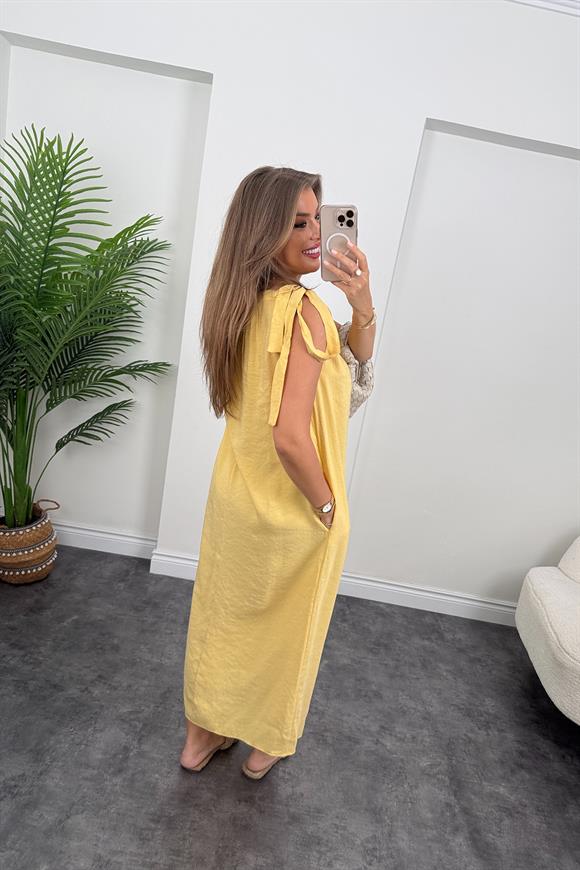 Premium Seri Tensel Moda Kumaş Omuzu Bağlamalı Maxi Elbise Sarı