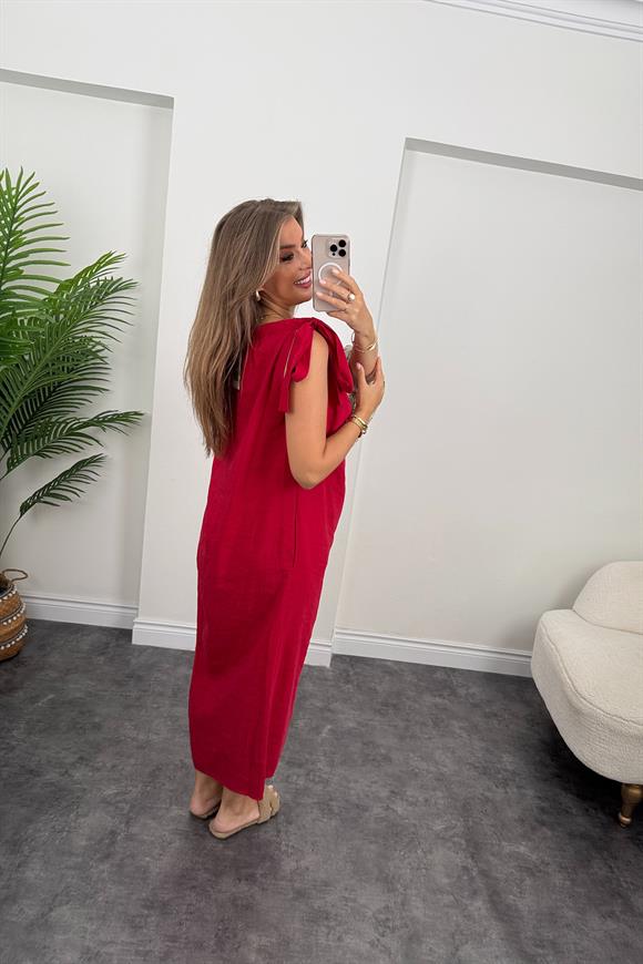 Premium Seri Tensel Moda Kumaş Omuzu Bağlamalı Maxi Elbise Kırmızı
