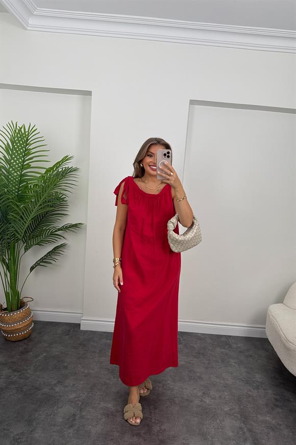 Premium Seri Tensel Moda Kumaş Omuzu Bağlamalı Maxi Elbise Kırmızı