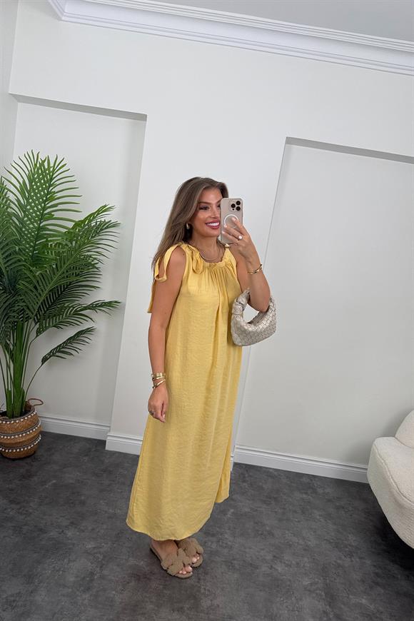 Premium Seri Tensel Moda Kumaş Omuzu Bağlamalı Maxi Elbise Sarı