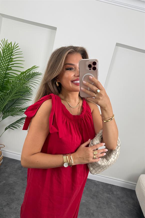 Premium Seri Tensel Moda Kumaş Omuzu Bağlamalı Maxi Elbise Kırmızı