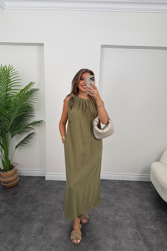Premium Seri Tensel Moda Kumaş Omuzu Bağlamalı Maxi Elbise Haki
