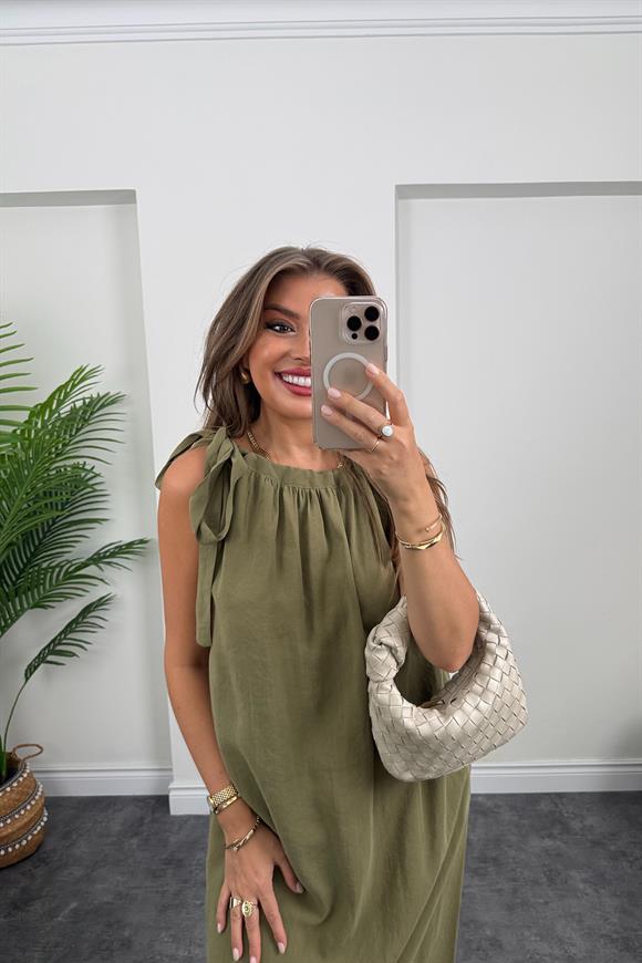 Premium Seri Tensel Moda Kumaş Omuzu Bağlamalı Maxi Elbise Haki
