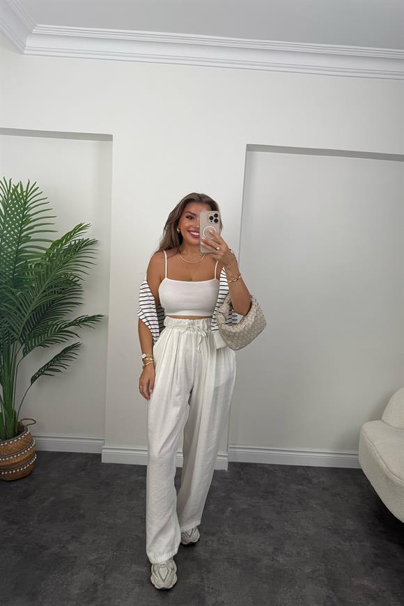 Premium Seri Tensel Modal Dökümlü Palazzo Pantolon Beyaz